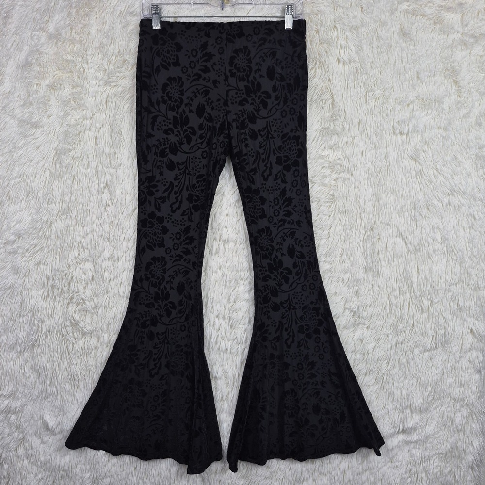 Forgiveness Black Velvet Burnout Floral Flare Pants Bell Bottom Leggings Womens